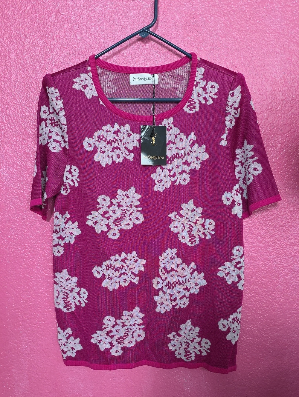 Yves Saint Laurent Magenta Mesh Short Sleeve Top with White Floral Motif